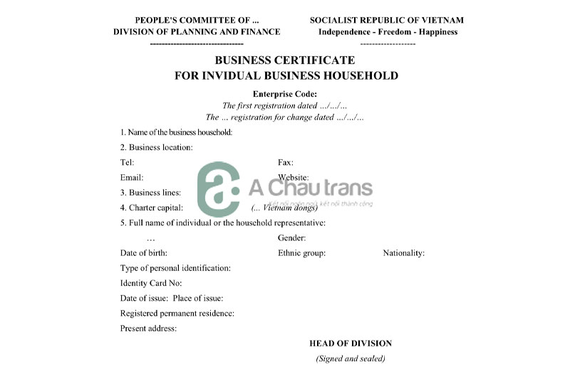 Mẫu dịch giấy đăng ký hộ kinh doanh