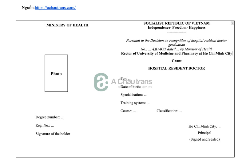 Mẫu dịch Bằng bác sĩ Nội trú sang tiếng Anh