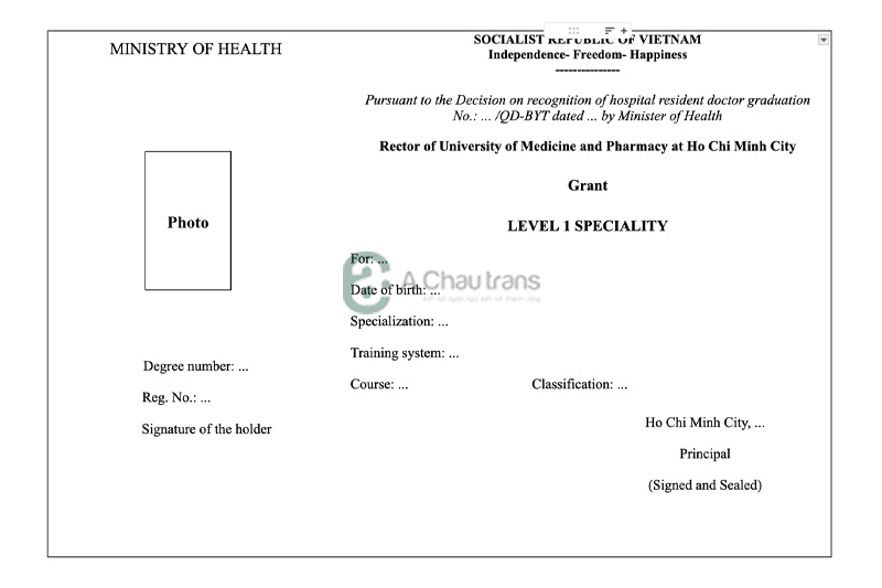Mẫu dịch Bằng chuyên khoa cấp 1 sang tiếng Anh
