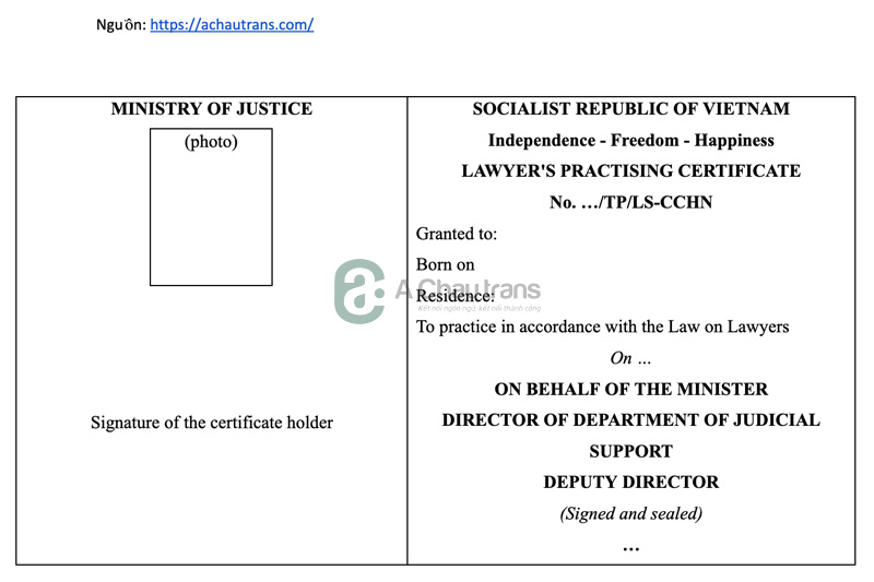 Mẫu dịch Chứng chỉ Hành nghề Luật sư sang tiếng Anh
