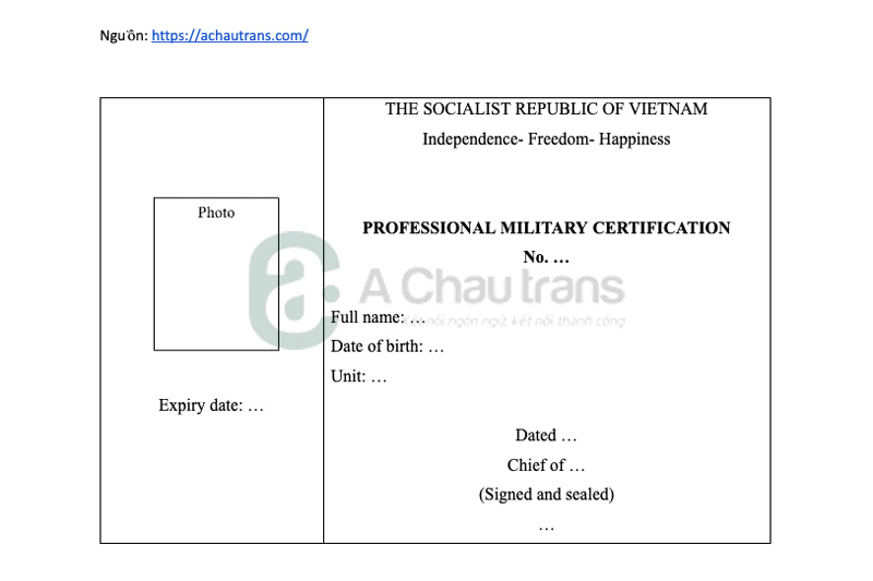 Mẫu dịch Chứng minh Quân nhân chuyên nghiệp sang tiếng Anh