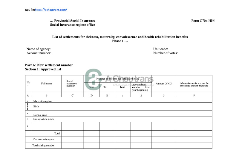 Mẫu dịch Danh sách đề nghị hưởng chế độ ốm đau, thai sản
