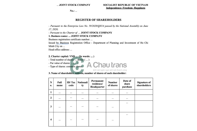 Mẫu dịch Sổ Đăng ký Cổ đông sang tiếng Anh