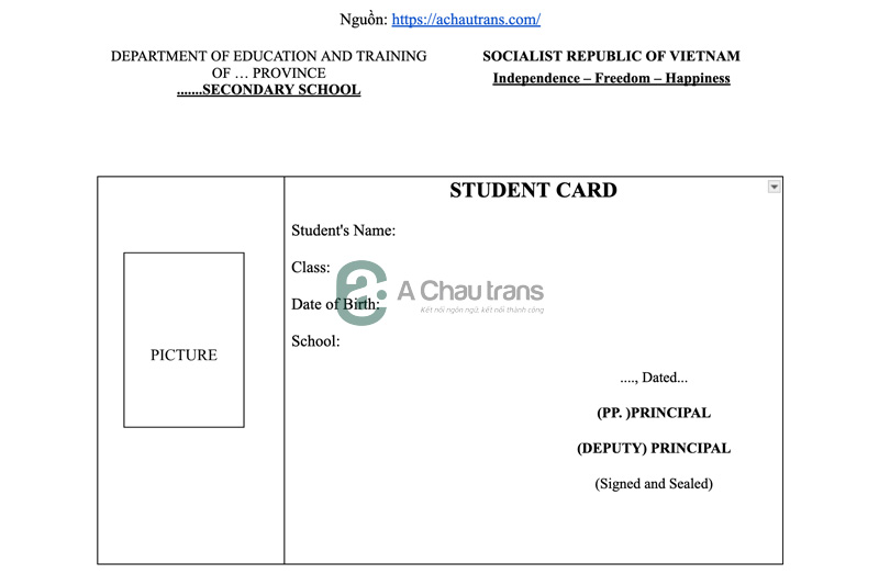 Mẫu dịch thẻ học sinh sang tiếng Anh 01