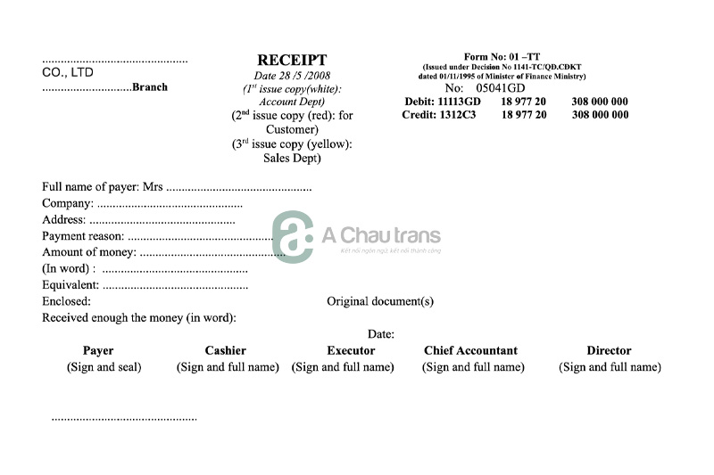 Mẫu dịch phiếu thu sang tiếng Anh miễn phí, chuẩn xác