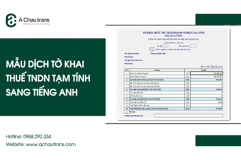 Mẫu dịch Tờ khai thuế thu nhập doanh nghiệp tạm tính tiếng Anh