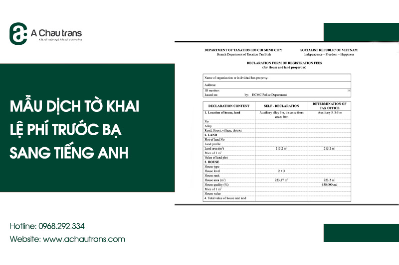 Mẫu dịch tờ khai lệ phí trước bạ tiếng Anh chuẩn, tải miễn phí