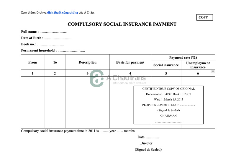Mẫu dịch sổ bảo hiểm xã hội sang tiếng Anh của Achautrans