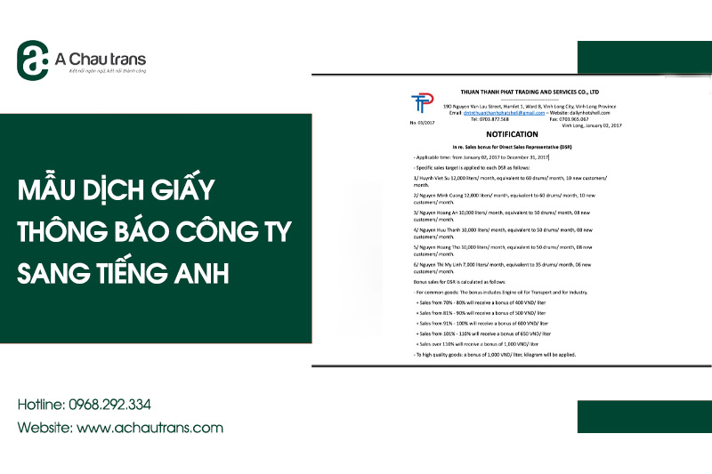 Mẫu dịch thông báo công ty sang tiếng Anh tải miễn phí